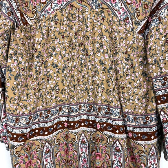 Hayden LA Tan Floral Boho Peasant Blouse Top Sz Small Surplice Flowy Lightweight - Picture 4 of 9